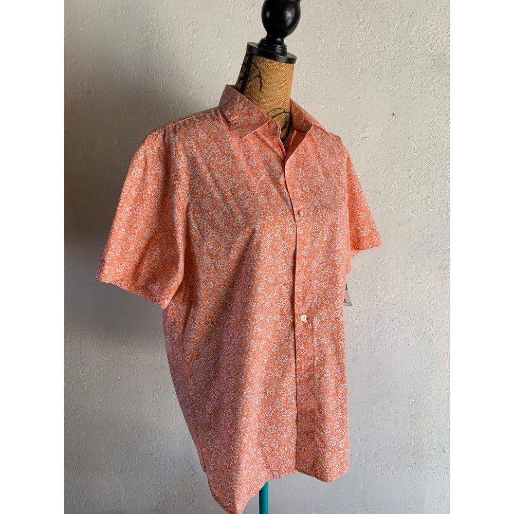 Axist Stretch Women’s LARGE SS Orange White Floral Hawaiian Button Front - EUC